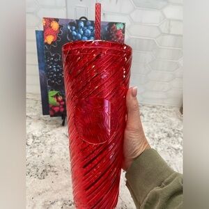 Starbucks 2024 Holiday Peppermint Red Metallic Swirl Cold Cup Tumbler. NWT!
